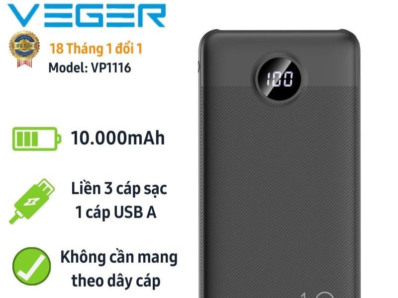 Veger VP1116 Pin Dự Phòng 10,000mAH 3 Cable Sạc Chính Hãng