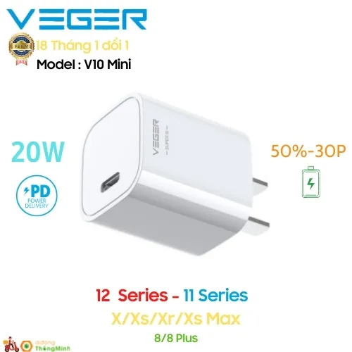 Veger V10 - Củ Sạc Nhanh PD 20W Siêu Nhỏ - Bảo hành 18T