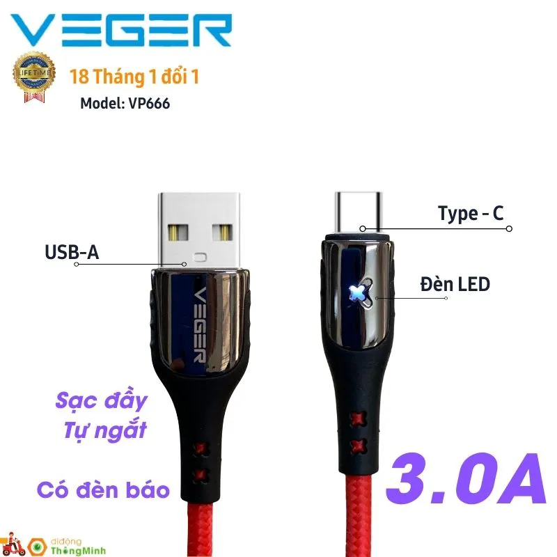 Cáp Sạc Tự Ngắt 1M Type C Veger 3A VP666 Bọc Dù