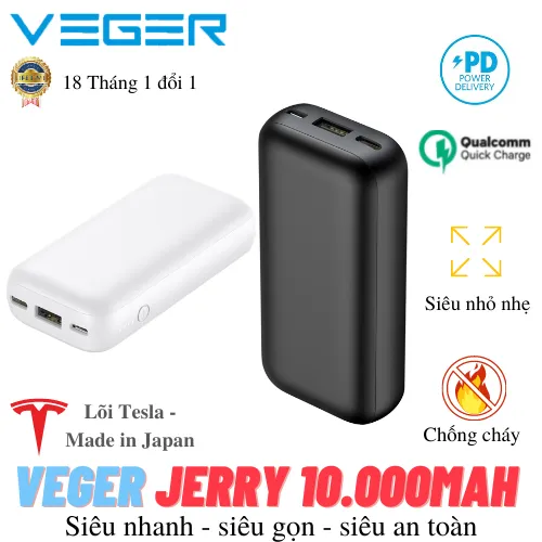 VEGER JERRY 10,000mah Pin Sạc Dự Phòng 20W Nhanh -Siêu Gọn