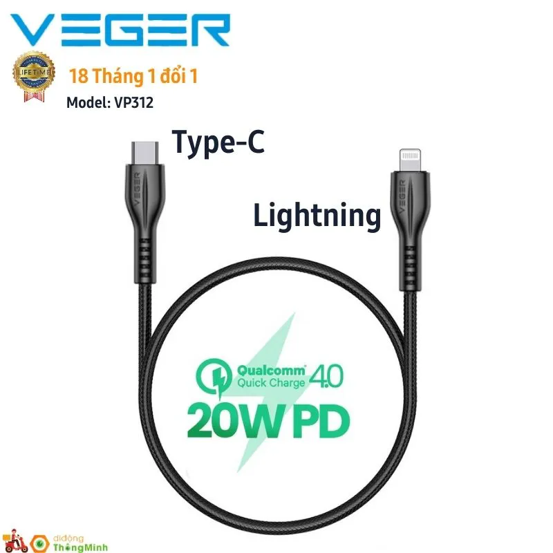 Cáp Sạc Nhanh 1M Veger VP-312 Type C to Lighting