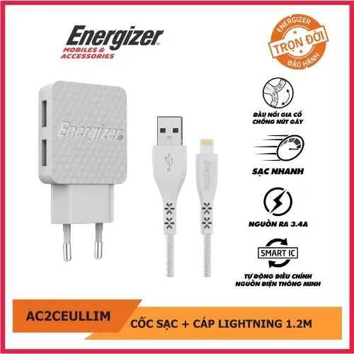 Sạc Energizer 3.4A 2USB kèm cáp Lightning-AC2CEULLIM