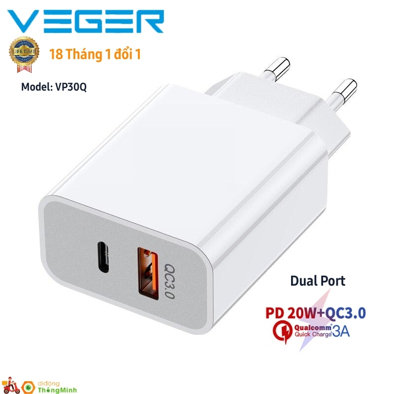 Veger VP30Q - Củ Sạc Nhanh 2 Cổng - Sạc Nhanh 20W PD