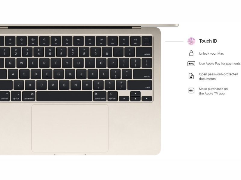 MacBook Air M2 2022được trang bị Magic Keyboard tiện lợi với nút nguồn tích hợp Touch ID