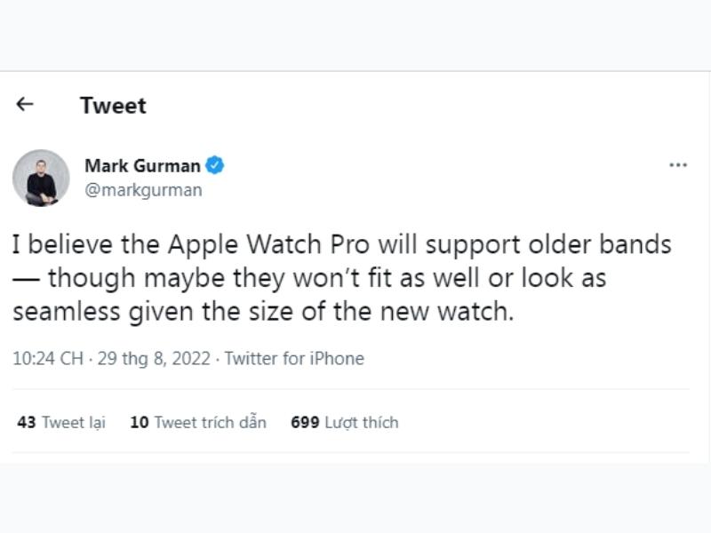Mark Gurman nhận định dây của các model hiện tại sẽ không còn phù hợp với tân binh Apple Watch Pro mới này